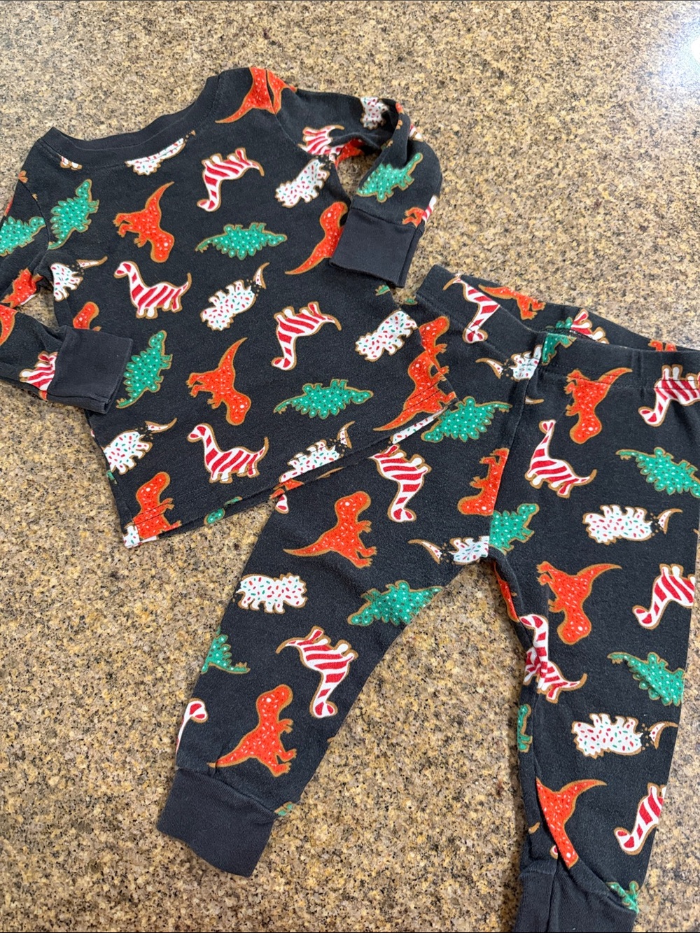 Old Navy Black Holiday Dinosaur Pajama Set with Red and Green Accents